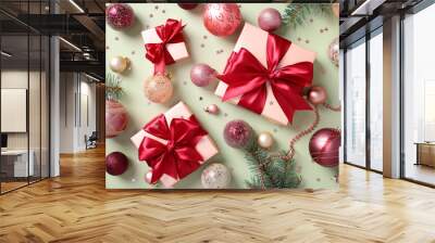 Christmas flat lay composition with pink ribbon box decorated red ribbon bows, fir branches, Xmas balls on pastel green background. Wall mural