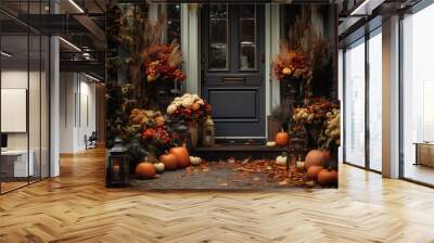 Front porch with autumn fall decor, pumpkins, flower. Generative AI Wall mural