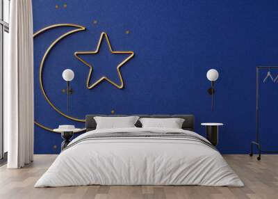 Golden Islamic star and crescent moon on dark blue background. Ramadan Kareem banner template. Wall mural