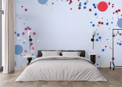 Happy Presidents Day banner with American flag color decorations and confetti on blue background. USA Independence Day, American Labor day, Memorial Day, US election concept. Wall mural