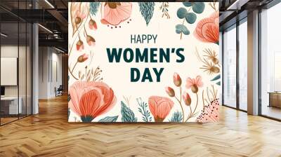 Happy Women's Day vintage card with plants and flowers. Generative AI Wall mural