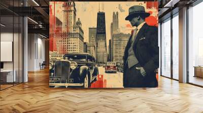 Italian mafia gangsters in 1930's near classic car in Chicago city. Contemporary art collage. Generative AI Wall mural