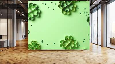 Paper art and craft style four-leaf clover and confetti on green background. St Patrick's Day holiday concept. Wall mural