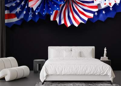 Paper fans in USA flag colors on black background. Banner mockup for Veterans Day, Memorial Day, 4th of July. Wall mural