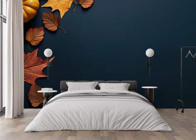 Pumpkins with autumn leaves on dark blue background. Thanksgiving banner design. Generative AI Wall mural