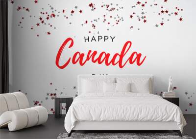 Red and white confetti stars on white background. Happy Canada Day banner design. Flat lay, top view, copy space. Wall mural