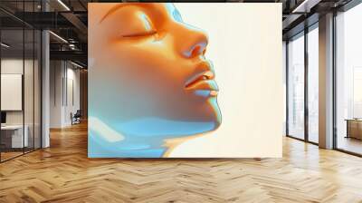 A woman face with glass skin in vibrant; colorful lighting with closed eyes and relaxed expression. Abstract art style on a soft gradient background. Concept of modern art Wall mural