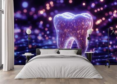 Glowing digital rendering of a tooth composed of light particles and  illuminated nodes on a networked background with blue bokeh lights. Concept of dental technology and innovation Wall mural