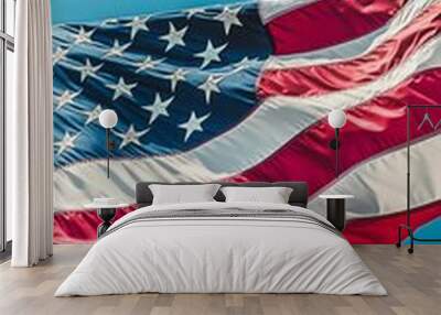 background featuring the American flag, flowing in the wind with space for text, vibrant colors, patriotic, simple and clean design, bright lighting, clear blue sky in the background Wall mural