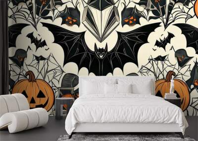 Scary Halloween illustration with bats Wall mural