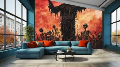 Scary Scarecrow In Field Halloween Background Wall mural