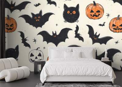 Vintage Halloween illustration with scary pumpkins, cats and bats Wall mural