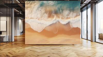 Waves mixing with sand, top view of ocean flowing into beaches, tropical vacation wallpaper Wall mural