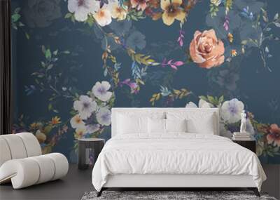 Watercolor painting of leaf and flowers, seamless pattern on dark background Wall mural