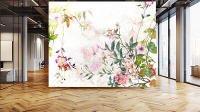 watercolor painting of leaves and flower, on white background Wall mural