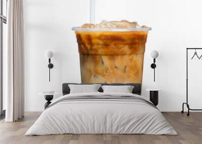 Iced latte coffee on plastic glass and tube sucking isolated white background, summer drink concept Wall mural