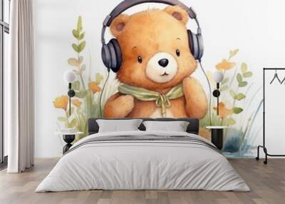 Delightful watercolor illustration of a teddy bear wearing headphones, sitting amidst a blooming meadow with wildflowers. Wall mural