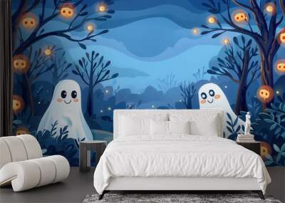 Two friendly ghosts in a spooky, blue forest with glowing jack-o'-lantern lights. Perfect for Halloween cards or decorations. Wall mural