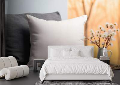 Square canvas pillow mockup on grey sofa, small cotton cushion mockup in living room interior Wall mural