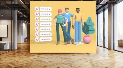 3d rendering group two multiethnic young guys and a hipster girl in a hat, student or businessman successfully plans to organize work. Abstract trendy cartoon disproportionate body man concept. Wall mural