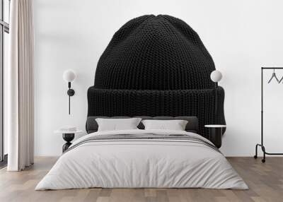 A blank black beanie hat is showcased against a pristine white background for design mockup purposes. Wall mural