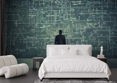 A daunting task, finding a solution a concept. A young businessman stands in front of a dark wall scribbled with complex calculations. Wall mural