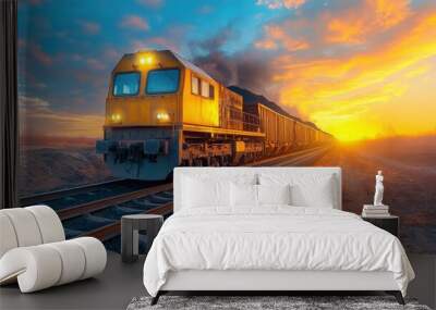 A freight train carrying coal travels along the tracks as the sun sets, casting a warm golden light over the dramatic landscape. Wall mural