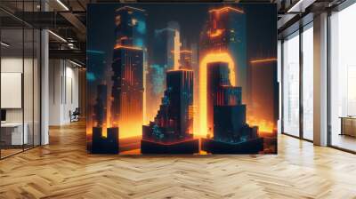 A futuristic night city in the distance glowing with neon light. Surrealistic skyscrapers. Cyberpunk, immersive world of the metaverse. 3D rendering. AI generated. Wall mural