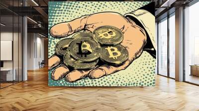 A hand holding a collection of bitcoin coins against a vibrant background, symbolizing wealth and investment opportunities in cryptocurrency. Comic book pop art style. Wall mural