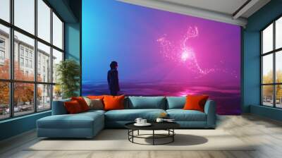 A man, an astronaut stands on the surface of an alien planet and looks at an unusual luminous phenomenon. Silhouette against the backdrop of a fantastic landscape. 3d rendering. Wall mural