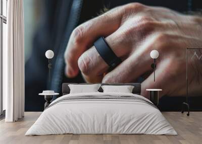 A mans hand is shown with a focus on a sleek smart ring worn on the finger, indicating wearable technology. Wall mural