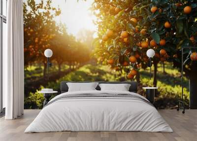 A ripe crop of citrus fruits on a farm on a summer day. A garden of orange trees at sunset. Wall mural