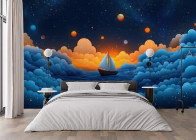 A small boat sails leisurely through a vibrant night sky filled with colorful stars and planets, while fluffy clouds cradle it in a whimsical, dreamlike setting. Wall mural