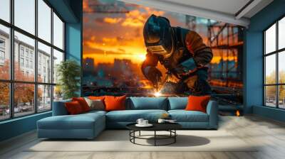 A welder in protective gear diligently works on a steel structure against a twilight sky. Wall mural