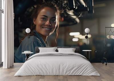 A woman mechanic specialist on the background of the workshop, garage. Smiling female master in the factory shop among machines and repair equipment. Wall mural