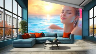 A woman unwinds in a peaceful outdoor pool, basking in the warm glow of sunset while tropical plants and ocean serenity create a perfect backdrop for relaxation. Wall mural