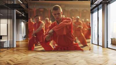 A young Caucasian monk in a Chinese monastery trains kung fu among Chinese monks in the rays of the rising sun Wall mural