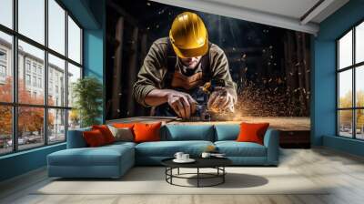 A young male carpenter in a yellow work helmet and overalls saws a board in a workshop, woodworking shop. Wall mural