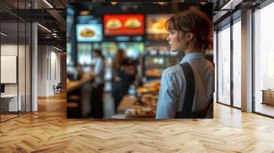 A young woman wearing a restaurant manager's uniform stands in a fast food, back view Wall mural