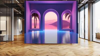 Architectural arches against the backdrop of an abstract surreal landscape illuminated with neon pink light. Calm water surface, sea. Fantastic interior, space of the metaverse. Wall mural