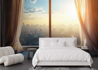 Beautiful view from the window of the city through white translucent curtains at sunset. Wall mural