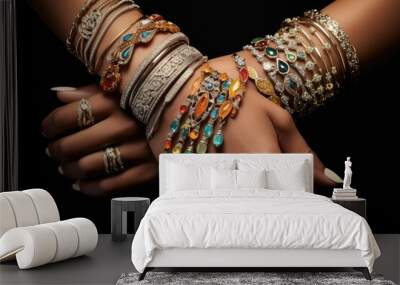 Beautiful women's hands are adorned with a collection of exquisite bracelets and rings made of precious metals and colorful stones. Ethnic jewelry. Wall mural