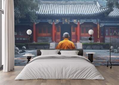 Caucasian monk learning martial arts from an old master monk in a Chinese monastery at sunset Wall mural