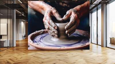 Close-up hands of a potter sculpting a pot, a bowl from raw clay on a potter's wheel in a ceramic workshop. Wall mural