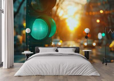 Close-up of a green light at a traffic light, blurred background of an intersection in the evening city Wall mural