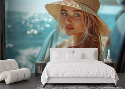 Elegant Woman in Summer Dress on a Boat With Sea Background Wall mural