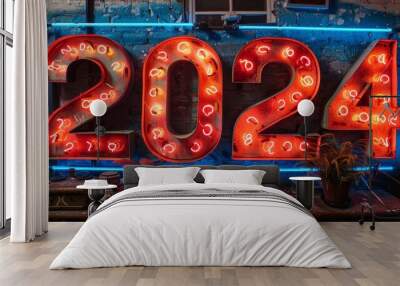 Number 2024 neon sign on a dark background. Symbol of the new year Wall mural