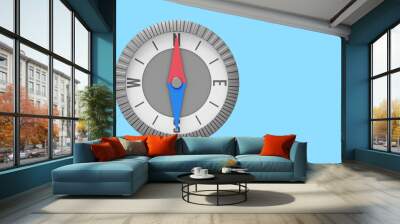 Realistic compass, navigation, direction finding. 3D rendering. Icon on blue background, space for text. Wall mural