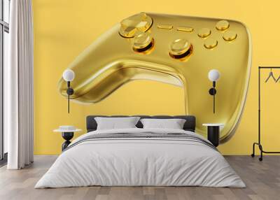 Realistic console game controller. Gold isolated icon on yellow background. 3D rendering. Wall mural