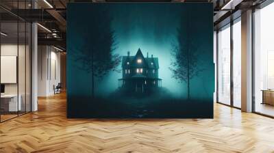 Scary old haunted house in the woods. Dwelling of a witch, a sorcerer. Mystical creepy night fog. 3D rendering. AI generated. Wall mural